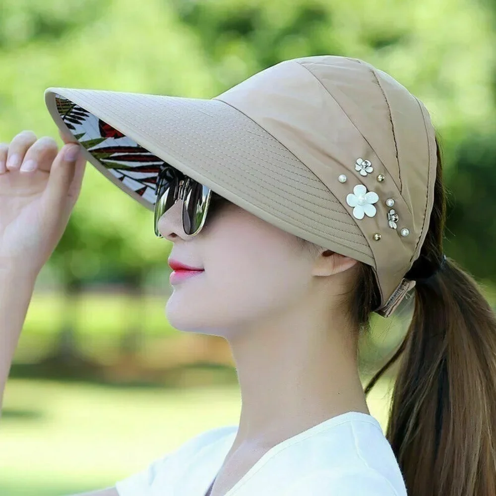 Casual Women Summer Wide Brim Sun Visor Hat Adjustable UV Protection Foldable Sport Empty Top Cap Beach Cap Fast Dry