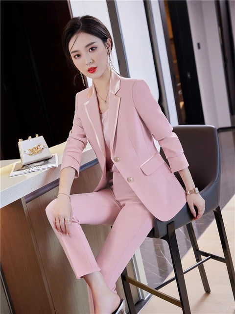 Blazer Pantsuits Two Piece Set Office Ladies Commuter Women White Pink  Business Spliced Blazer And Pants Formal Suit - AliExpress