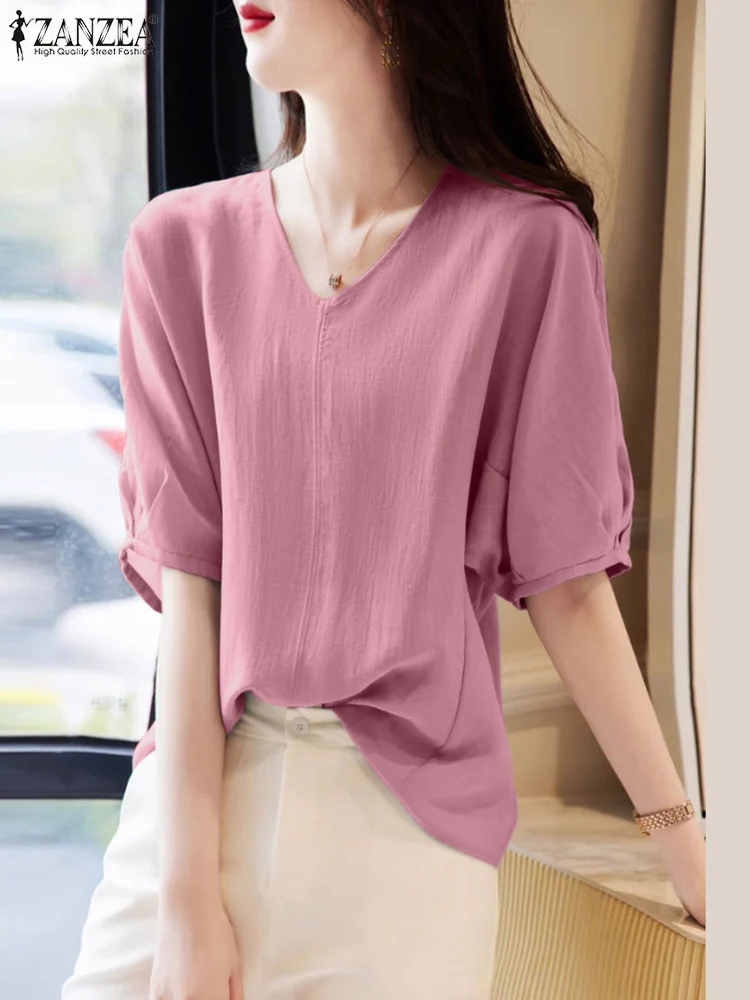 

Fashion Summer Blouse Shirt Women ZANZEA Elegant V Neck Short Sleeve Casual Loose Office Work Tops Party Blusas Chemise Oversize