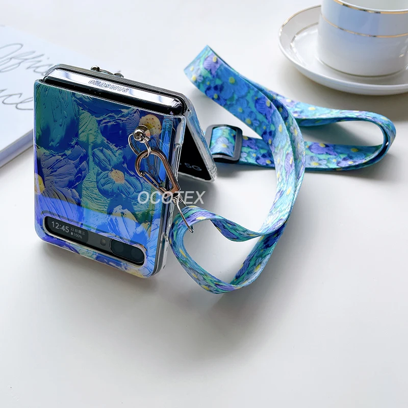 Oil Painting Flower Crossbody Lanyard Strap Case with Blu-ray Hard Armor Cover