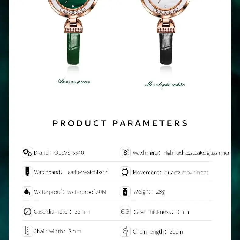 ساعة نسائية راقية مقاومة للماء ، طاولة خضراء صغيرة...