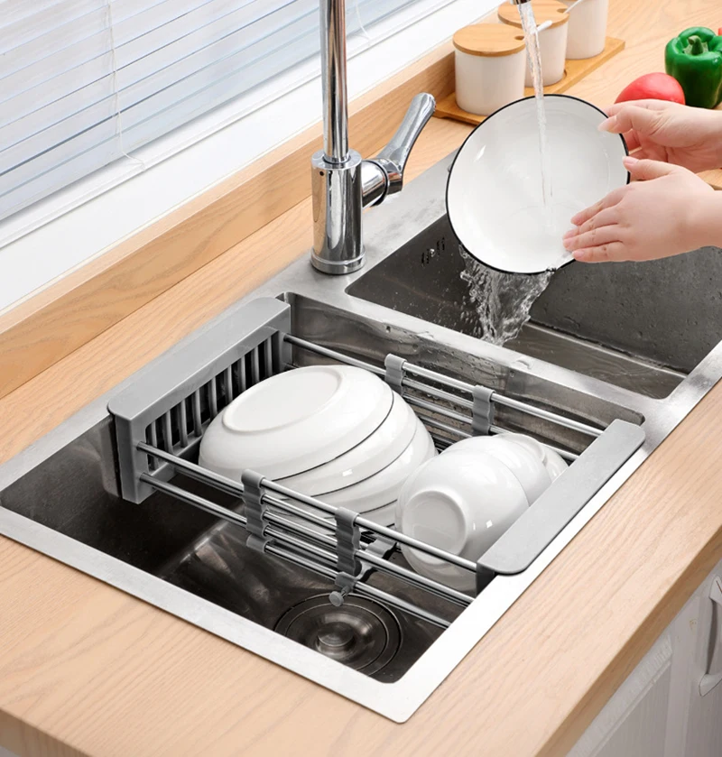 Surlong Expandable Dish Drying Rack Over The Sink Dish Basket Drainer with  Telescopic Arms Functional Kitchen Sink Organizer for Vegetable, Fruit and