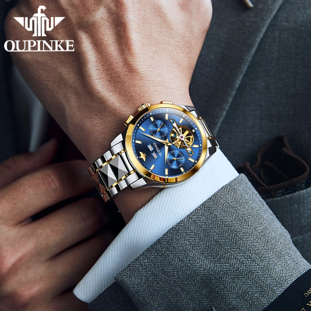 OUPINKE 3290 Automatic Man Watch Hollow Skeleton Business Mechanical Watch For Men Week Date Display Waterproof Men's Wristwatch