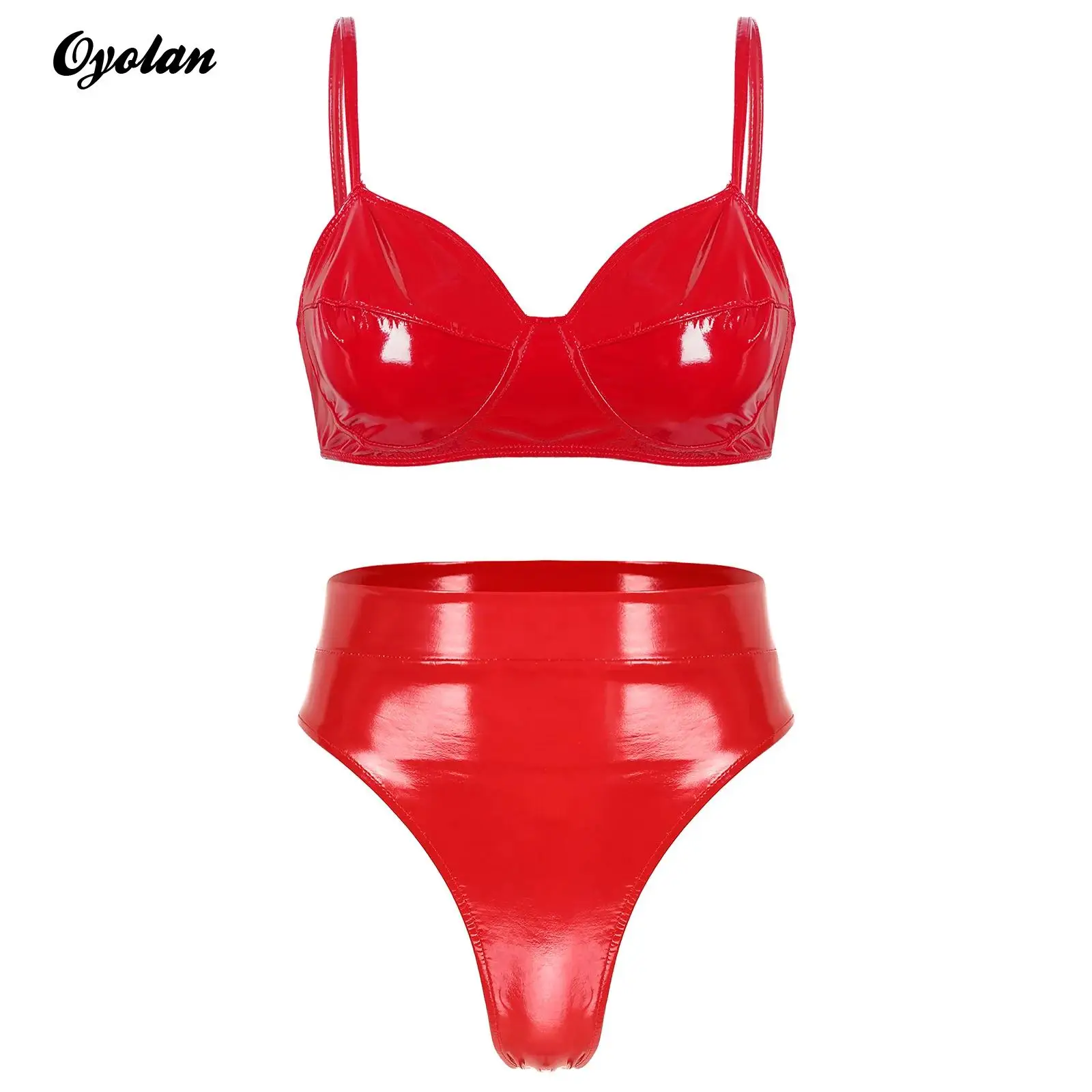 Women lingerie underwear set rave wet look patent leather wire-free unpadded belly bra top high waist briefs