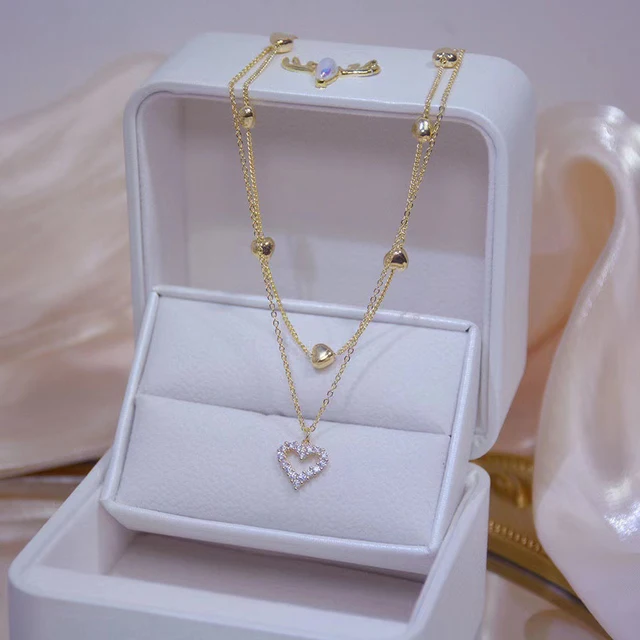 SUMENG 2022 New Gold Color Double Layer Heart Necklace Zircon For Women Clavicle Chain Elegant Charm 1