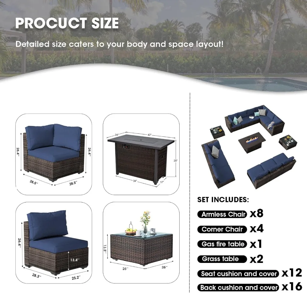 15 pieces of terrace furniture combination sofa with 50000 BTU propane gas pit table, blue 5
