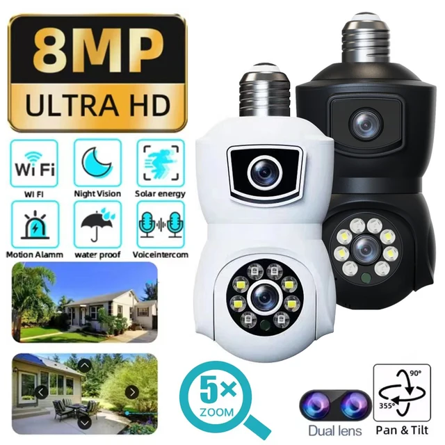 4K 8MP E27 Bulb WiFi Camera Dual Lens Dual Screen Auto Tracking Two Way Audio Color Night Vision Outdoor Security Camera 2