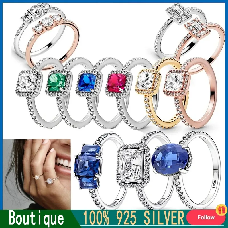 

Popular Women's% 925 Silver Shining Square Halo Ring Original LogoDIY Charming Jewelry Gift Fashion Light Luxury