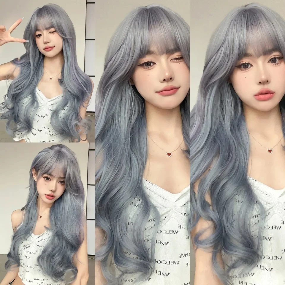 Blue Grey Synthetic Wigs for Women with Bangs