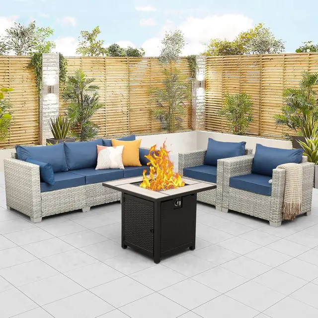 4 Piece Patio Furniture Set with Fire Pit Table Grey Wicker Outdoor Couch Balcony Sofa Patio Conversation Sets PE Rattan Chair,