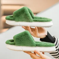 Thick Fluffy Fur Slippers For Women Winter House Warm Furry Slippers Women Flip Flops Home Slides Flat Indoor Floor Shoes