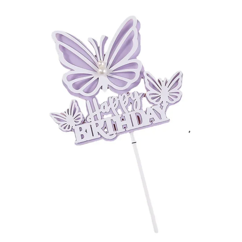 Butterfly Pearl Cake Topper Flag Happy Birthday Wedding Bride Decoration Cupcake Toppers Baking Party Baby Shower Cake Decor DIY