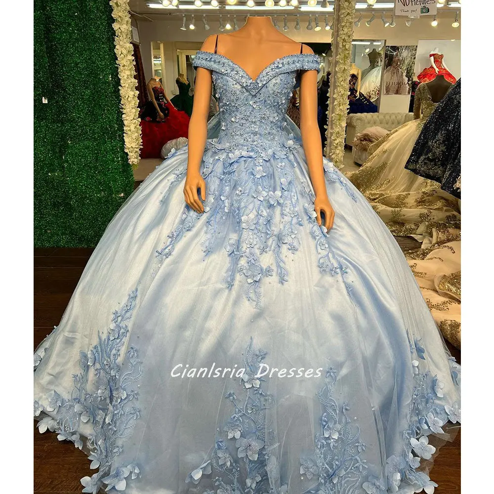 

Light Blue Off The Shoulder Ball Gown Quinceanera Dress Sleeveless Floral Appliques Lace Handmade Flowers Vestido De 15 16 Anos