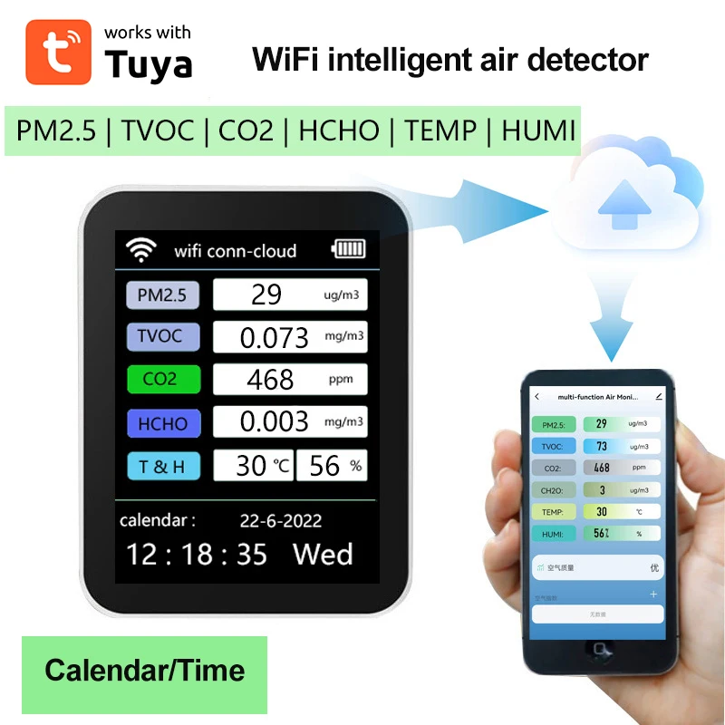 

Tenky Tuya WiFi Air Quality Detector Portable Multifunctional Detector Support TVOC CO2 Gases CH2O Temperature Humidity Detector