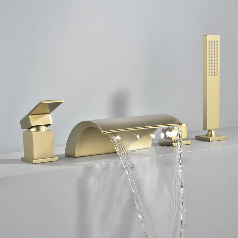 

Solid Brass 4Pcs Gold Brushed Waterfall Bathtub Faucet Set Black 4 Holes Hot and Cold Water Mixer Tap Bathroom