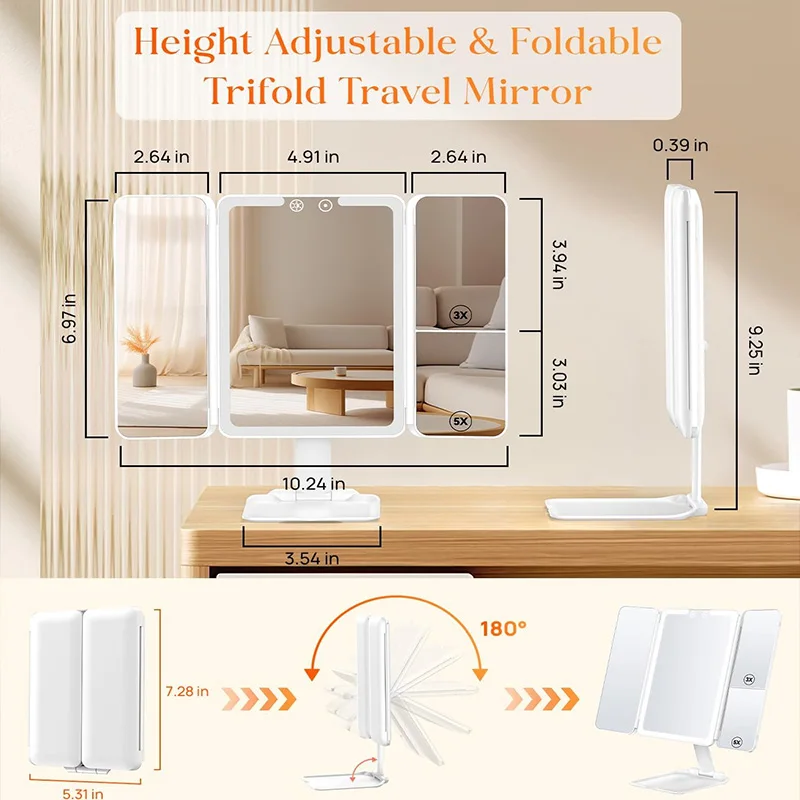 تضخيم-مرآة مكدسة ثلاثية المكياج ، 3 ألوان ، مصباح...