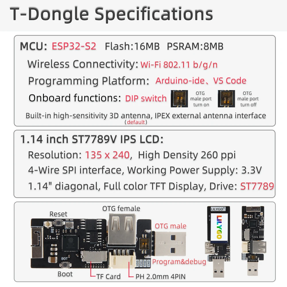 ® T-Dongle ESP32-S2 Development Board Wireless WIFI Module OTG Male Female Inter
