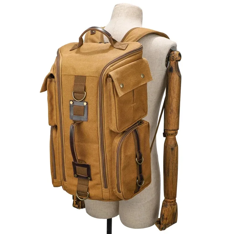 Vintage Leather Man16 inch Laptop Backpack Waxed Canvas Shoulder Rucksack Carry-On Travel Backpack for Men Women 2