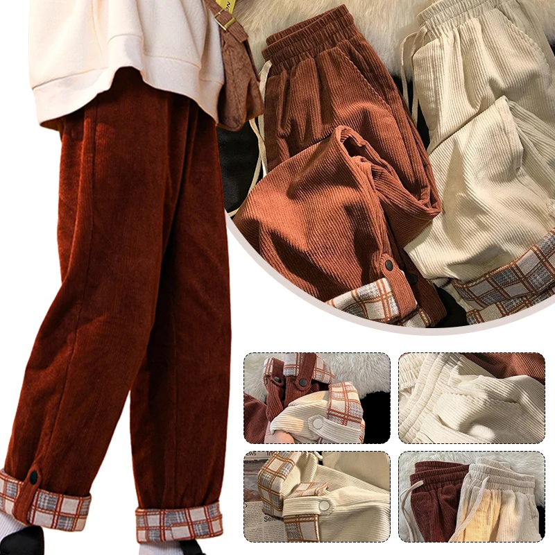 Women Vintage Corduroy Pants Straight Casual Trousers Korean Retro Winter Plush Warm Checkered Curled Corduroy Pants