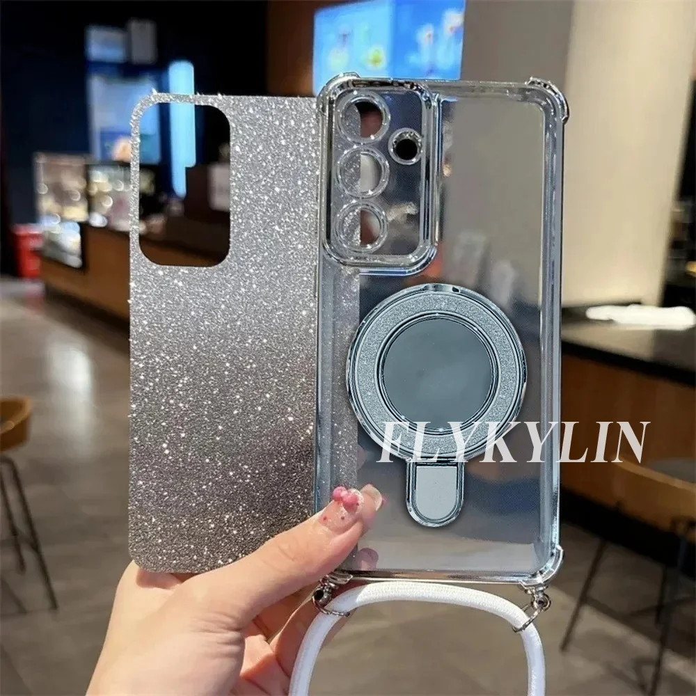 Glamorous Glitter Makeup Mirror Holder with Soft Shell and Stylish Long Back Rope