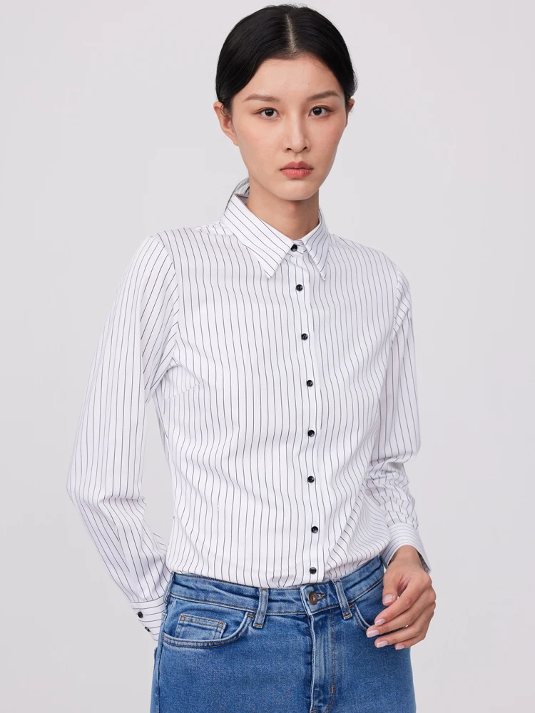 

Women's Non-iron Office Lady Long Sleeve Striped Shirt Without Pocket Slight Strech Slim-fit Versatile Easy Care Dress Shirts