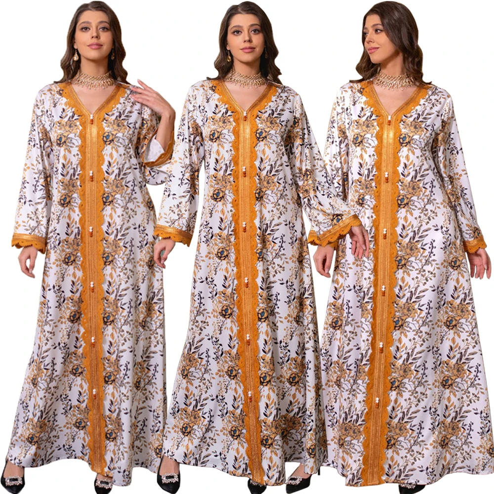 

Chic Ethnic Floral Print Maxi Dress for Women V Neck Long Sleeve Loose Arab Dubai Muslim Abaya Islamic Clothes Moroccan Jalabiya