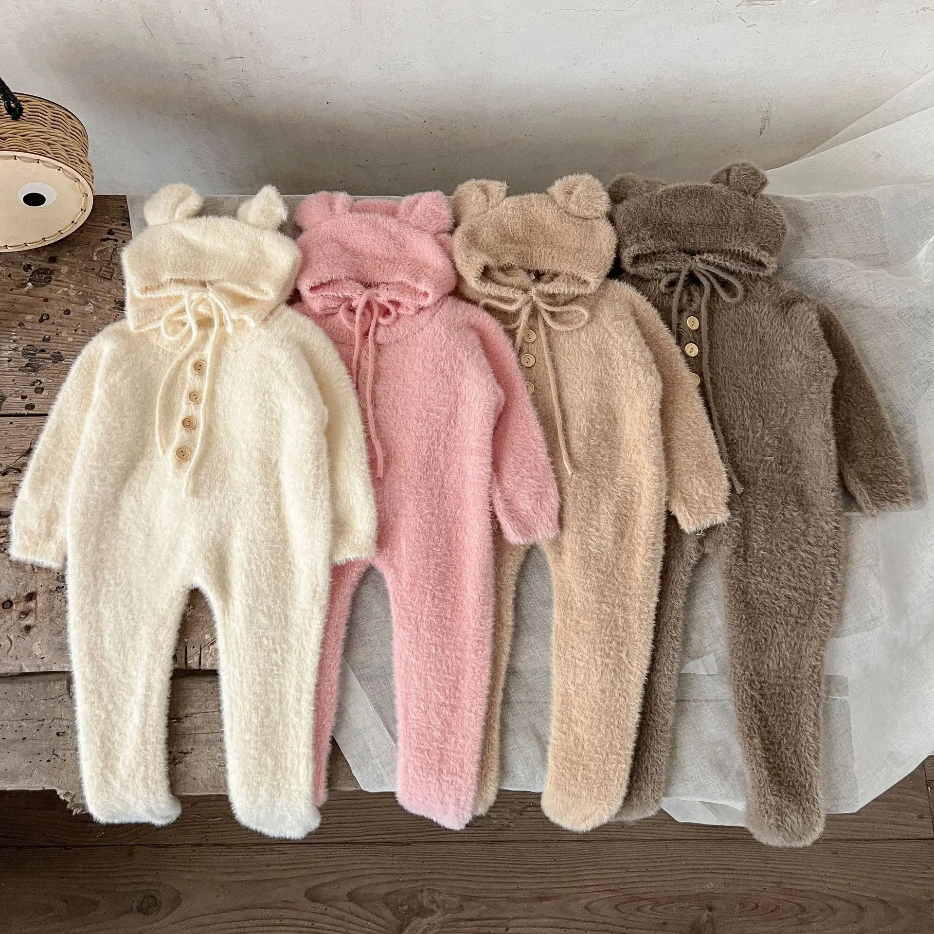 Autumn Winter Ins Baby Girl Romper Solid Mink Fur Soft Long Sleeve Little Girl Bodysuit 6M-3Y Girls Onesies Cartoon Bear Ear Hat