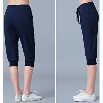 Women Blue High-waisted Stretch Cropped Pants, Summer Gray Lightweight Athletic Harem Pants, Black Drawstring Shorts. 1