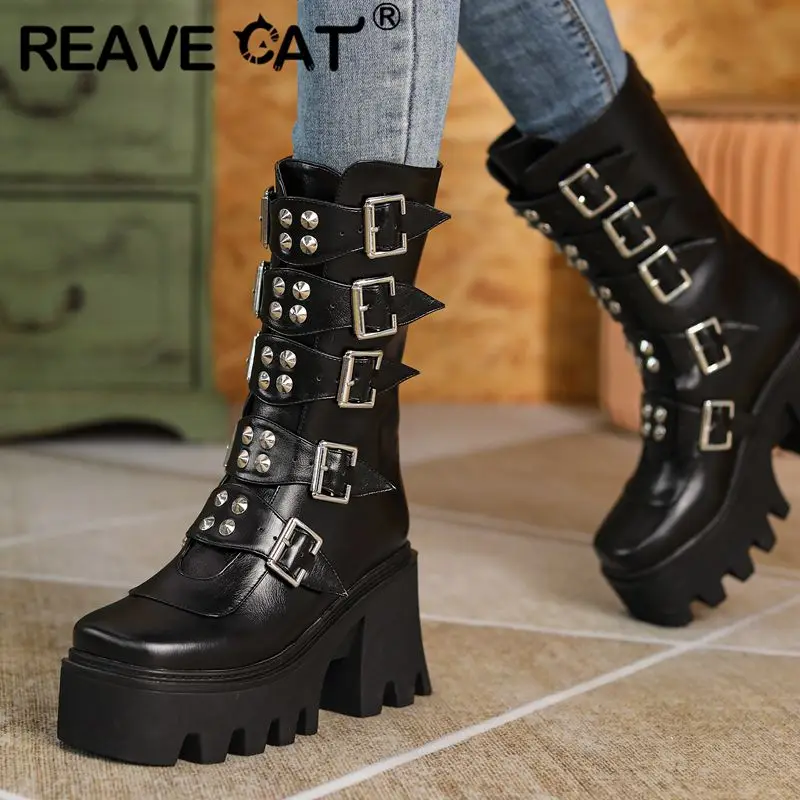 

REAVE CAT Gothic Women Boots Square Toe Block Heels 9cm Platform 5cm Zipper Rivets Metal Decor Plus Size 43 44 Punk Street Bota