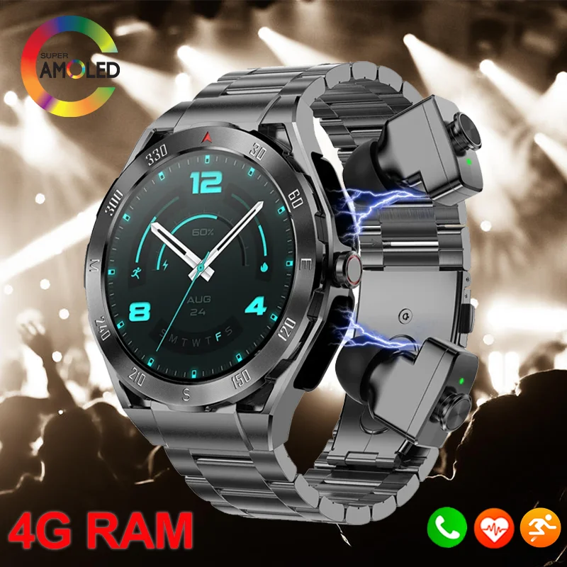 

3-in-1 Headphones TWS Smart Watches 466*466 AMOLED Smart Watch Men Bluetooth Call 4GB RAM Local Music Smartwatch For Android IOS