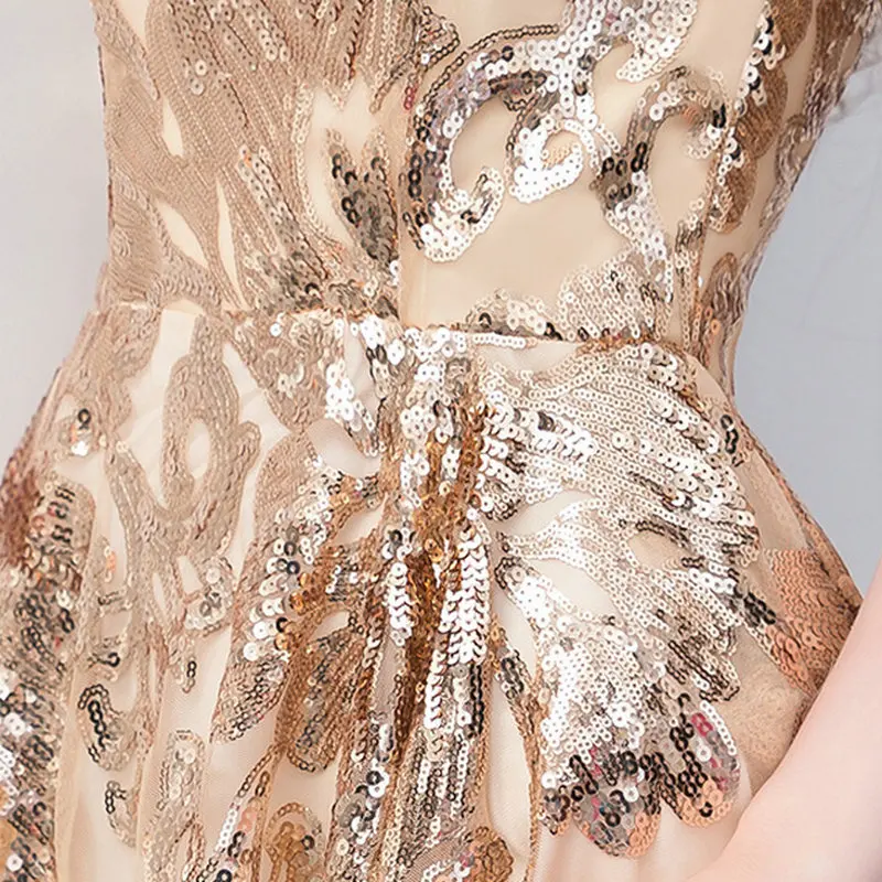 LANMU Gold Sequins evening Party dress Soiree O-neck Slim Waist A-line Vestidos 2024 New  vestido de festa prom dresses