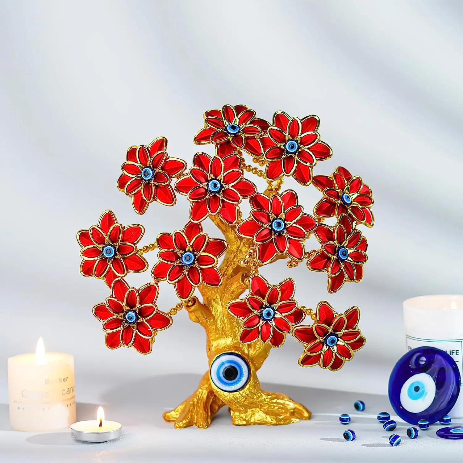 

H&D 9in Blue Evil Eye Tree with Red Flowers Turkish Nazar Money Fortune Lucky Tree Decorative Showpiece Table Amulet Ornament