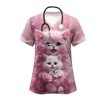 Clinical Uniform Woman Cat Cartoon Print Fashion Vet Medical Clothes Comforts V-Neck Short Sleeve Top Health Nurse Uniform Woman
