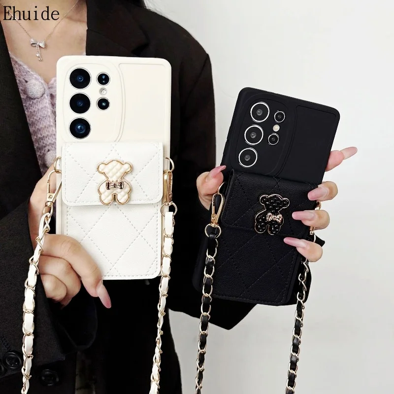 Bear Wallet Strap Crossbody Case - PU Leather Fashion Cover with Card Holder Lanyard