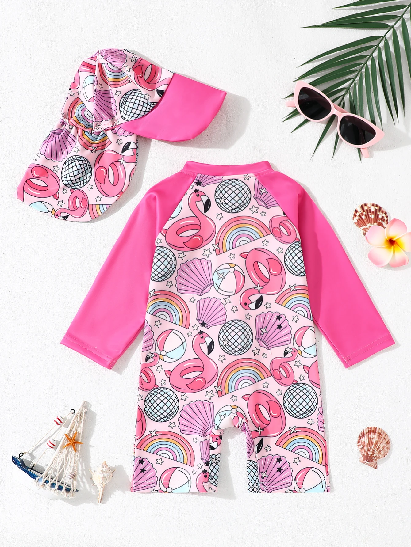Baby Boys And Girls Cartoon Shell Full Printed Long Sleeved One-Piece Swimsuit + Swim Cap