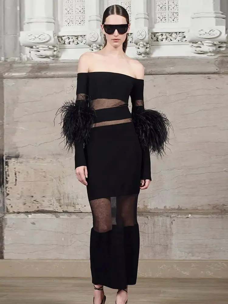 

BEVENCCEL, новинка 2023, летний женский подарок, женское платье, роскошное Сетчатое облегающее платье миди черного и белого цвета с длинным рукавом и перьями