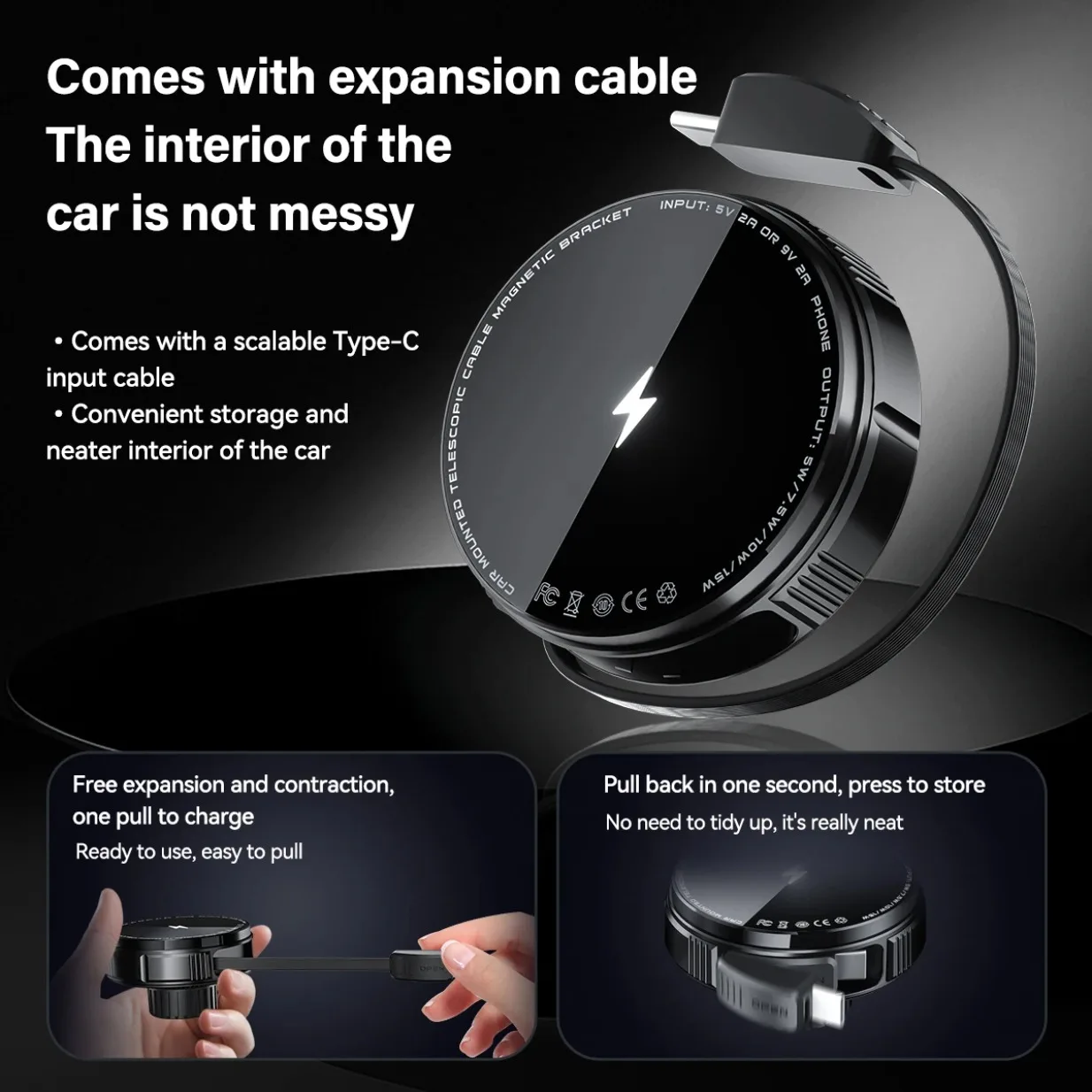 Car Magnetic Wireless Charger Built in 70cm Type C Cable Air Outlet Phone Holder For iPhone 16~12 Samsung Xiaomi Fast Charging