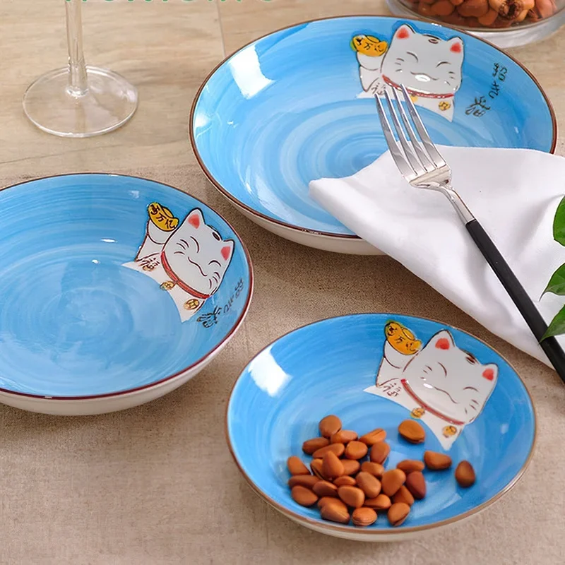 Cartoon Lucky Cat Round Ceramic Plate Multi-size Japanese Creative