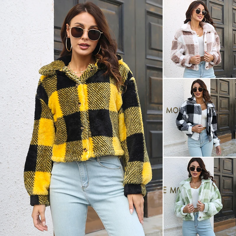 

Woman Winter Jacket Coat Plaid Printing Thickening Plush Jackets Loose Button Long Sleeve Top Overcoat Outwear Ladies Soft Coat