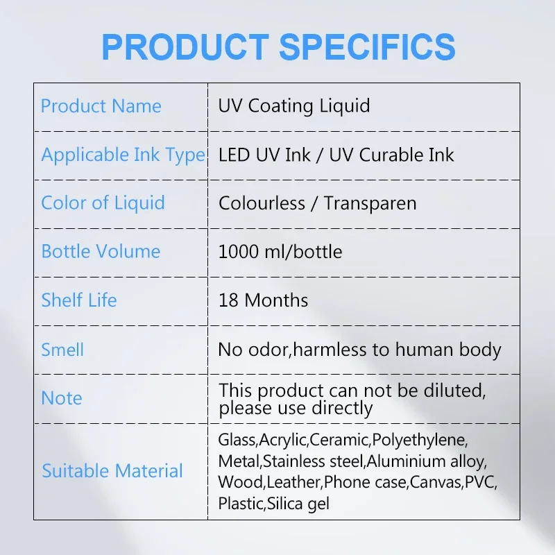 1000ML UV 코팅액 UV 전처리 용액 (유리, 목재, 금속, 크리스탈, 가죽, 세라믹, PVC용) 무취