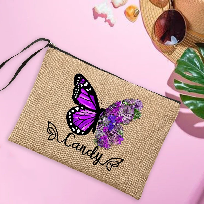 Sac de maquillage personnalisé avec nom pour femme, pocommuniste en lin de voyage papillon personnalisées, pocommuniste de rangement pour lunettes de soleil de plage et crème solaire, cadeaux