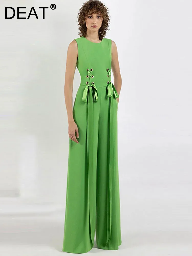 

DEAT Fashion Women's Ribbon Tied Sleeveless Wide Leg Jumpsuit Round Collar Green High Waist Rompers Spring 2024 New 7AB3307