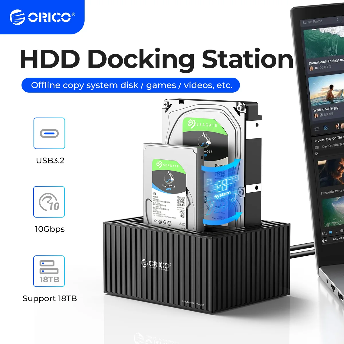Orico-estação de Ancoragem Dual-bay Cabo Tipo-c 5gbps 2.5 3.5 Hdd Ssd 12v 3a Power Uasp Design de Contêiner 10gbps Cabo tipo c