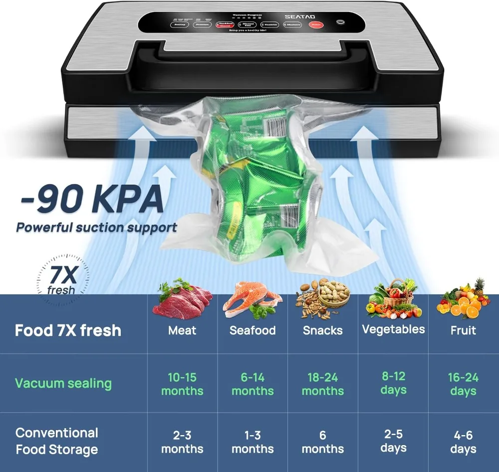 SEATAO VH5188 Automatic Vacuum Sealer Machine, 90kPa Multifunction Commercial Vacuum Food Sealer for Food Preservation