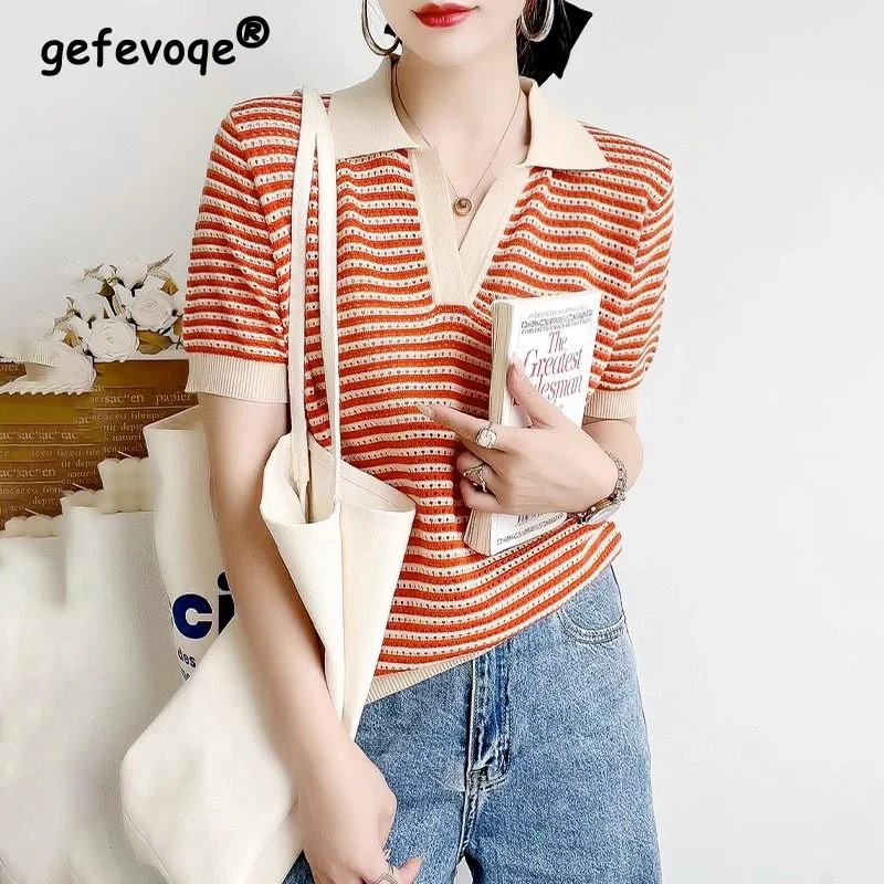 

Summer New Polo-neck Vintage Striped Patchwork Knitting T-shirt Female Loose Casual Fashion All-match Top Women Hollow Out Tee