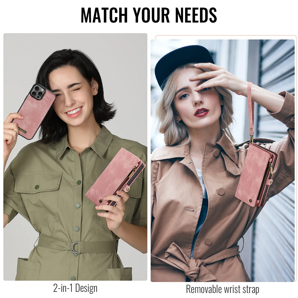 Luxury Leather Wallet Case with Zipper and Strap