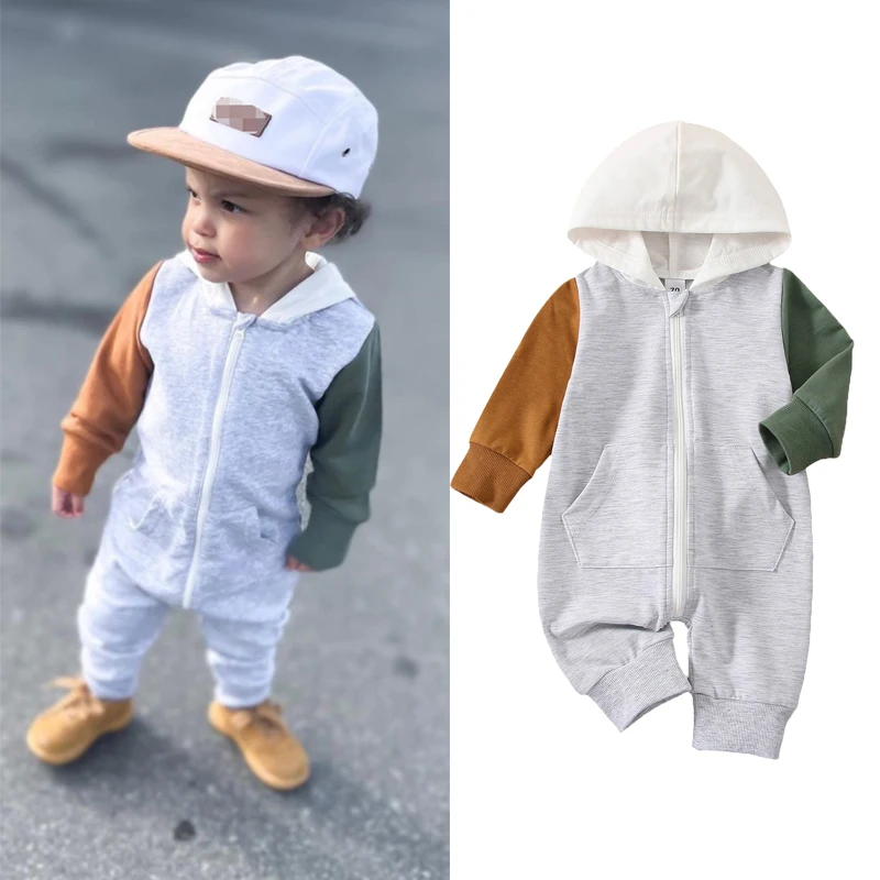 018m Baby Boys Girl Romper Long Sleeve Hooded Neck Patch Color Zipper