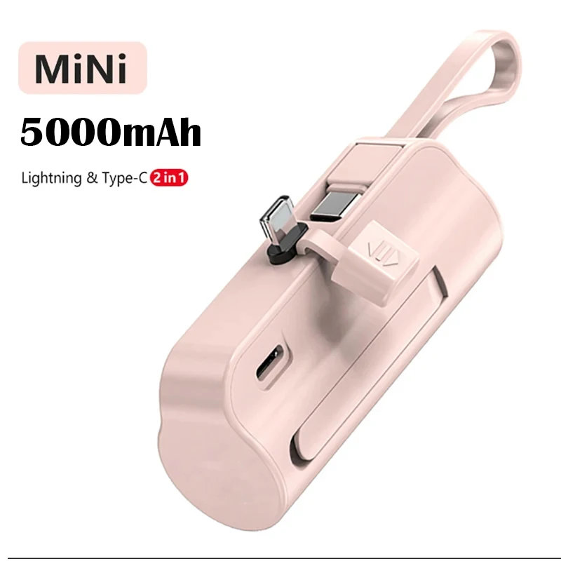 

5000mAh Power Bank Built in Cable Mini Capsule PowerBank External Battery Portable Charger For iPhone Samsung Xiaomi Huawei