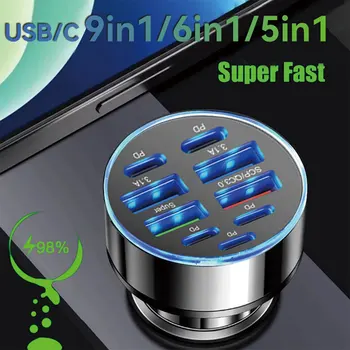 Caricabatterie da auto a 9/6/5 porte con ricarica rapida PD QC3.0 USB C, adattatore di tipo C per auto, per iPhone, Samsung, Huawei