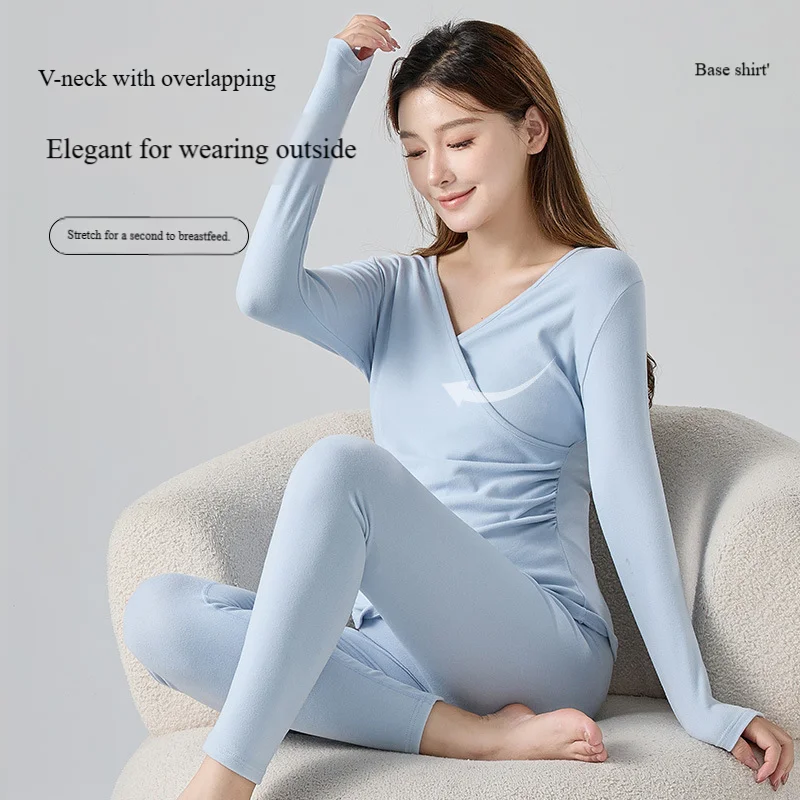 Maternity Thermal Underwear Set Nursing-Friendly Postpartum Lounge Wear Breastfeeding Pajamas Winter Nursing Top maternity nightgown set for Moms